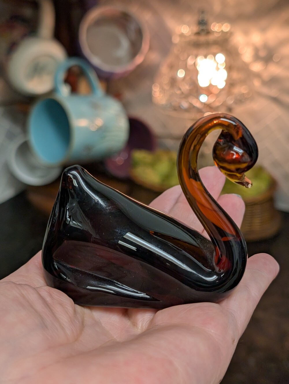 Vintage MCM Mid Century Modern Amber Colored Studio Art Glass Swan Figurine